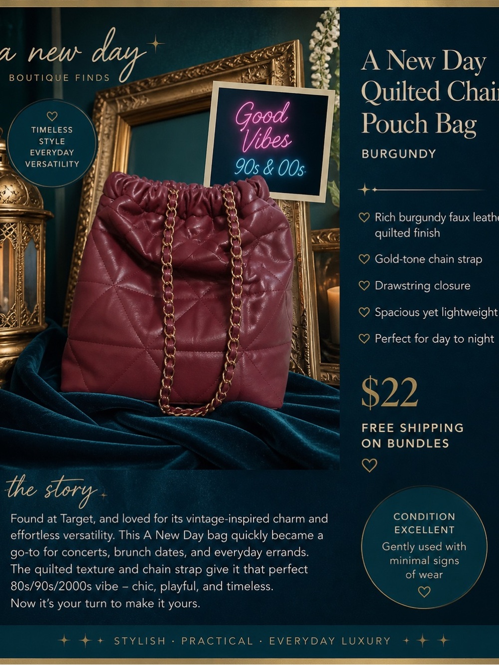 a new day Quilted Chain Drawstring Crossbody Bag - Burgundy with Gold Chain